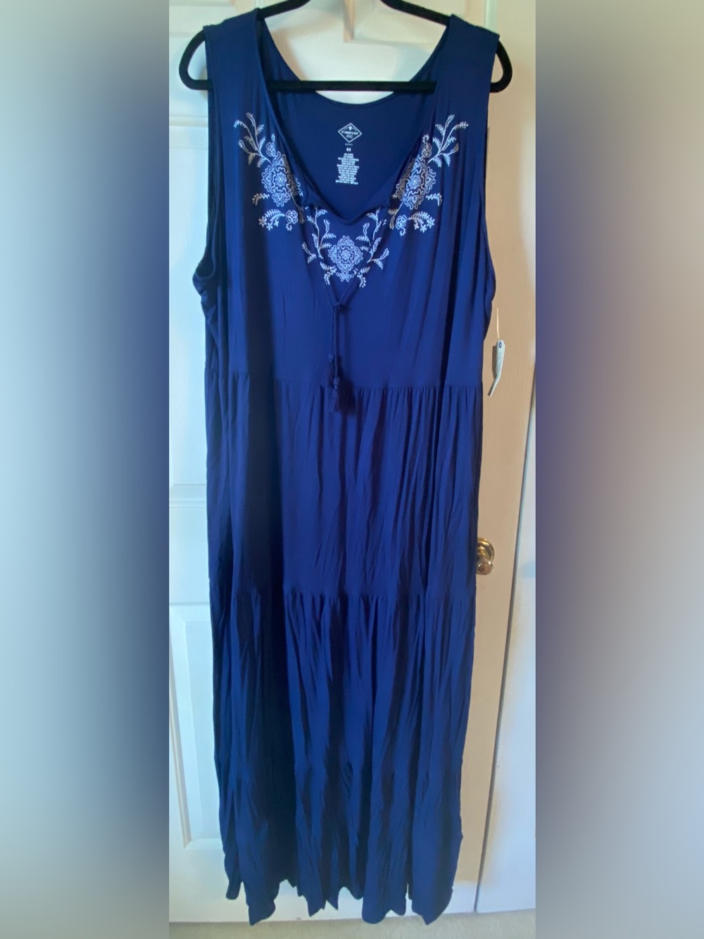 JCPenney St. John’s Bay Sleeveless Blue Maxi Dress with White Embroidered V-Neck
